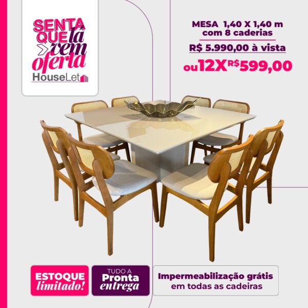 Mesa de Jantar 1,40x1,40m com 8 cadeiras