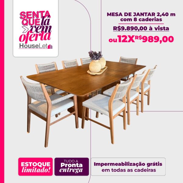 Mesa de Jantar 2,40m com 8 cadeiras